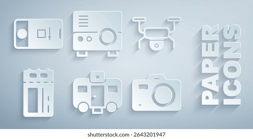 Set Actor trailer, Drone flying, Cinema ticket, Photo camera, Media projector and and video shooting icon. Vector