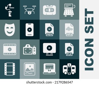 Set Actor trailer, FLV file document, MP3, Retro audio cassette tape, Online play video, Comedy theatrical mask, Gimbal stabilizer for camera and MOV icon. Vector