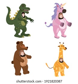 Set Actors in animal Bear, Giraffe, Dinosaur, Unicorn costume. Theme party, Birthday kid, children animator, entertainer wearing performer character for holiday masquerade, carnival. Vector cartoon