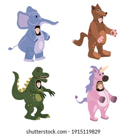 Set Actors in animal Elephant, Wolf, Dinosaur, Unicorn costume. Theme party, Birthday kid, children animator, entertainer wearing performer character for holiday masquerade, carnival. Vector cartoon