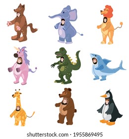 Set Actors in animal Wolf, Unicorn, Bear, Elepfant, Lion, Shark, Giraffe, Penguin, Dinosaur costume. Theme party, Birthday kid, children animator, entertainer wearing performer character for holiday
