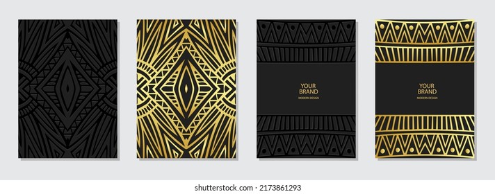 A set of actual covers, vertical templates. Collection of backgrounds with 3D relief geometric pattern. Tribal fantasy ethnic ornaments of East, Asia, India, Mexico, Aztecs, Peru.