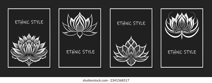 A set of actual covers, vertical templates. Collection of geometric black backgrounds with ethnic tribal outline pattern of white lotus, the national symbol of India.