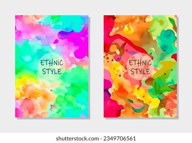 A set of actual covers, vertical templates. A collection of watercolor geometric backgrounds with an anti-stress pattern in ethnic style, a bright palette of colors. Motives of the East, Asia, India