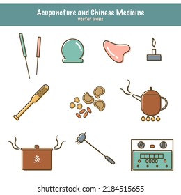 Set of acupuncture and Chinese medicine. Needle, cup, gua sha, stick-on moxa, moxa roller, herbs, herbal pot, moxa box (with the Chinese  word “moxibustion“), plum needle, electric stimulator.