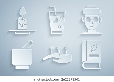 Set Acupuncture therapy, Facial cosmetic mask, Mortar and pestle, Medical book, Fresh smoothie and Aroma candle icon. Vector