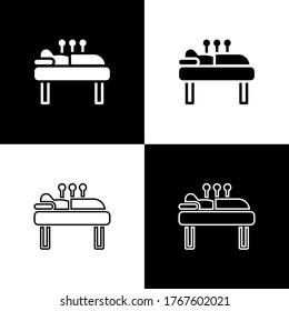 Set Acupuncture therapy icon isolated on black and white background. Chinese medicine. Holistic pain management treatments. Vector