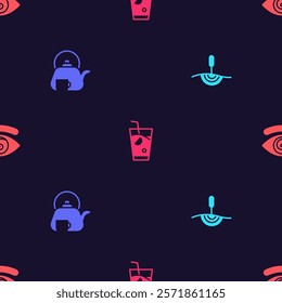 Set Acupuncture therapy, Teapot with, Fresh smoothie and Hypnosis on seamless pattern. Vector