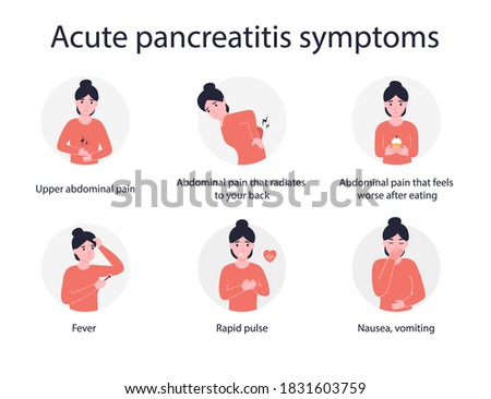 Set acute pancreatitis symptoms. Flat vector cartoon modern illustration.