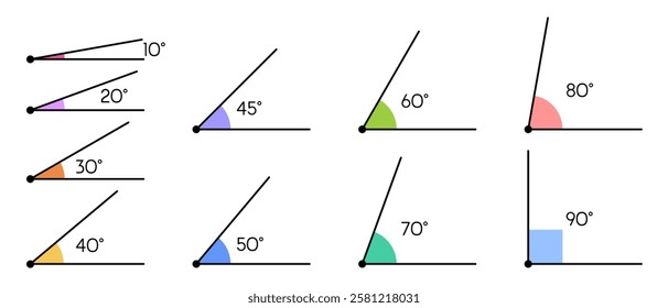 Set of acute and right angles of triangle with exact values ​​of 10, 20, 30, 40, 45, 50, 60, 70, 80, 90 degrees. Vector illustration of mathematical geometric examples and problems in mathematics.