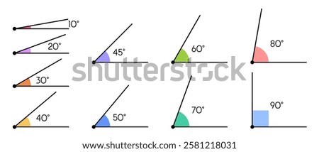 Set of acute and right angles of triangle with exact values ​​of 10, 20, 30, 40, 45, 50, 60, 70, 80, 90 degrees. Vector illustration of mathematical geometric examples and problems in mathematics.