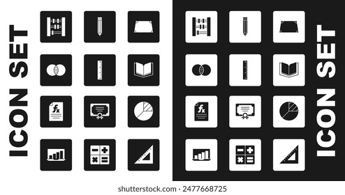 Set Acute trapezoid shape, Ruler, Mathematics sets and B, Abacus, Open book, Pencil, Pie chart infographic and Function mathematical symbol icon. Vector