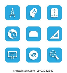 Set Acute trapezoid shape, Square root of x glyph, Magnifying glass with percent, Triangular ruler, Certificate template, Subsets, math, is subset b, Geometric figure and Drawing compass icon. Vector