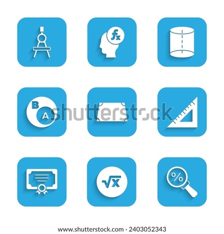 Set Acute trapezoid shape, Square root of x glyph, Magnifying glass with percent, Triangular ruler, Certificate template, Subsets, math, is subset b, Geometric figure and Drawing compass icon. Vector