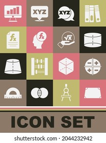 Set Acute trapezoid shape, XYZ Coordinate system, Geometric figure Cylinder, Function mathematical symbol, Computer monitor with graph chart and Square root of x glyph icon. Vector