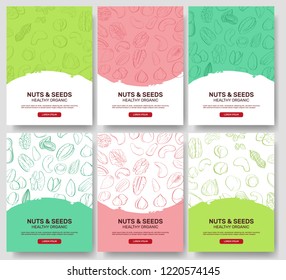 Set of AD-cards (banners, tags, package) with hand DRAW nuts - hazelnut, almond, pistachio, pecan, cashew, brazil nut, walnut, peanut, pine nuts. Vector art.