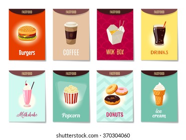 Set of AD-cards (banners, tags, package) with cartoon fast food - hamburger, coffee, wok box, soda, milk shake, popcorn, donuts and ice cream. Vector illustration, isolated on white, eps 10.