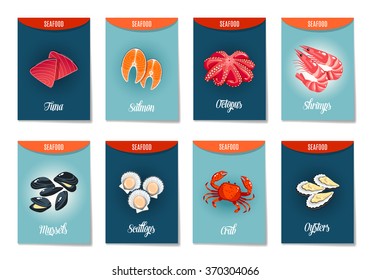 Set of AD-cards (banners, tags, package) with cartoon sea food - tuna, salmon, octopus, shrimps, mussels, scallops,crab and oysters. Vector illustration, isolated on white, eps 10.