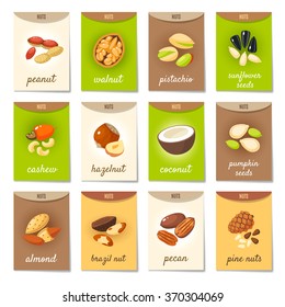 Set of AD-cards (banners, tags, package) with cartoon nuts - hazelnut, almond, pistachio, pecan, cashew, brazil nut, walnut, peanut, coconut, pumpkin seeds, sunflower seeds and pine nuts. Vector art.