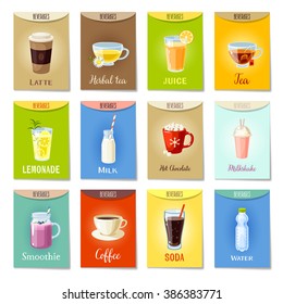 Set Of AD-cards/banners/tags/package Labels With Cartoon Beverages: Latte/herbal Tea/juice/tea/lemonade/milk/hot Chocolate/milkshake/smoothie/coffee/soda/water. Colorful Vector Illustration.