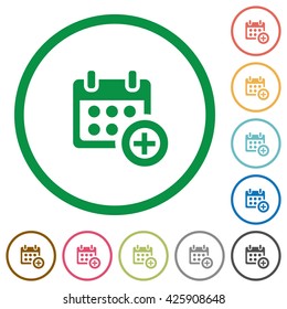 Set of Add to calendar color round outlined flat icons on white background