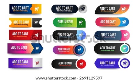 Set of Add to cart icons button design. Colorful add to cart button pack for website, ads, UI, and project. vector EPS 10