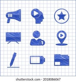 Ajuste Añadir a amigo, indicador de nivel de carga de la batería, carpeta de documento, reproducción de medios digitales con ubicación, borrador de lápiz, Tv inteligente, estrella y icono de megáfono. Vector