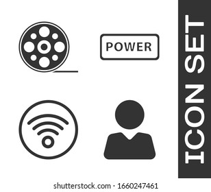 Set Add to friend, Film reel, Wi-Fi wireless internet network and Power button icon. Vector