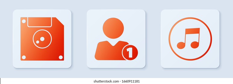 Set Add to friend, Floppy disk for computer data storage and Music note, tone. White square button. Vector