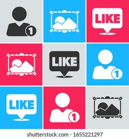 Set Add to friend, Picture landscape and Like in speech bubble icon. Vector