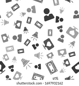 Set Add to friend, Retro audio cassette tape, Like and heart and Speaker volume on seamless pattern. Vector