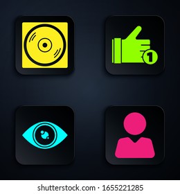 Set Add to friend, Vinyl disk, Eye and Hand like. Black square button. Vector