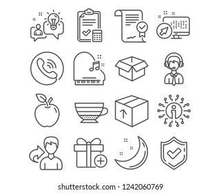 Set of Add gift, Cappuccino and Opened box icons. Shipping support, Package and Piano signs. Idea, Approved agreement and Accounting checklist symbols. Present box, Coffee cup, Shipping parcel