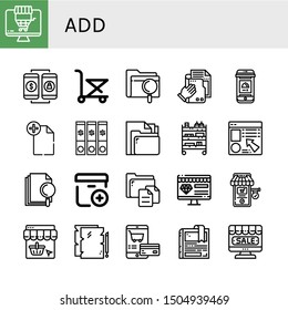 Set of add icons such as Online shopping, Trolley, File, Online order, Cart, Online shop, Add package, Shopping cart, Bookmark , add