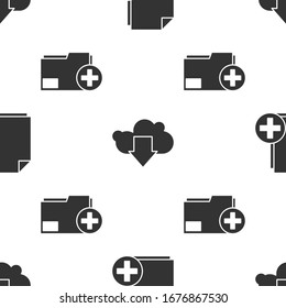 Set Add new file, Cloud download and Add new folder on seamless pattern. Vector