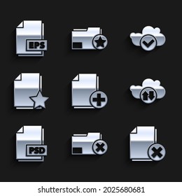 Set Add new file, Delete folder, document, Cloud download and upload, PSD, Document with star, check mark and EPS icon. Vector