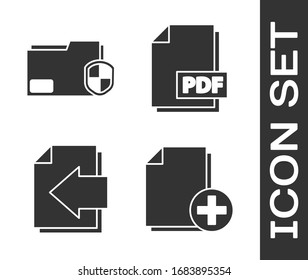 Establecer Agregar nuevo archivo, Protección de carpeta de documento, Flecha de página siguiente e icono de documento de archivo PDF. Vector