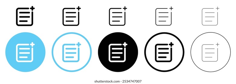 Conjunto de adicionar nova coleção de ícones de documento de arquivo. criar novo símbolo de lista. Ilustração de vetor.