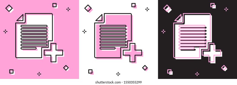 Set Add new file icon isolated on pink and white, black background. Copy document icon.  Vector Illustration