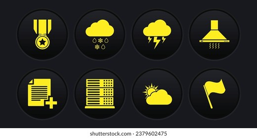 Set Add new file, Kitchen extraktor fan, Server, Data, Web Hosting, Sonne und Wolke Wetter, Sturm und Cloud mit Schnee Regen Symbol. Vektorgrafik