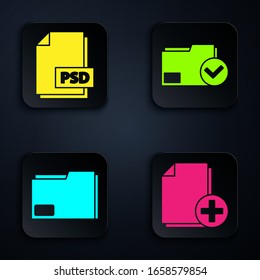 Set Add new file, PSD file document, Document folder and Document folder and check mark. Black square button. Vector