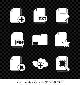 Set Add new file, TXT document, Next page arrow, Delete, cloud, Document with search, PDF and folder icon. Vector