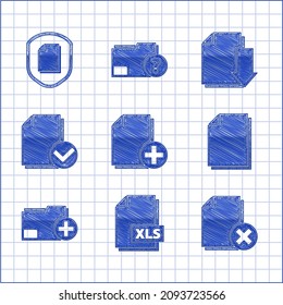 Set Add new file, XLS document, Delete, Document, folder, and check mark, with download and protection concept icon. Vector