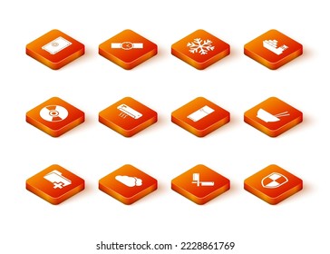 Set Add new folder, Cloud, CD or DVD disk, Air conditioner, Crossed meat chopper and Refrigerator icon. Vector