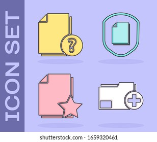 Set Add new folder, Unknown document, Document with star and Document protection concept icon. Vector