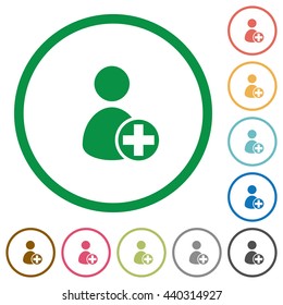 Set of Add new user color round outlined flat icons on white background