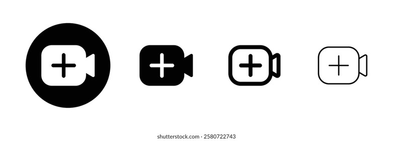 Set of add new video icon collection. Video camera icon with plus sign. Media Player symbol. Vector Illustration.