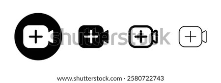 Set of add new video icon collection. Video camera icon with plus sign. Media Player symbol. Vector Illustration.