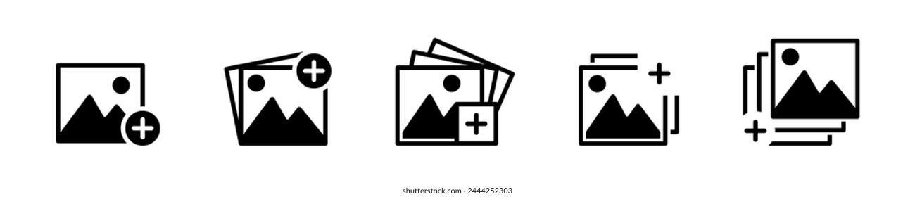 Set of add photo vector icons. Attach new image or picture. Edit album.