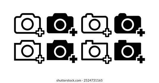 set of add picture photo camera plus icon vector design simple black white color illustration 